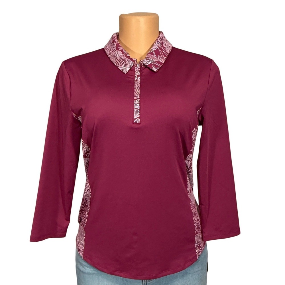 Tommy Bahama‎ Golf Tennis Shirt Womens Berry Pink 3/4 Sleeve Floral Polo Medium